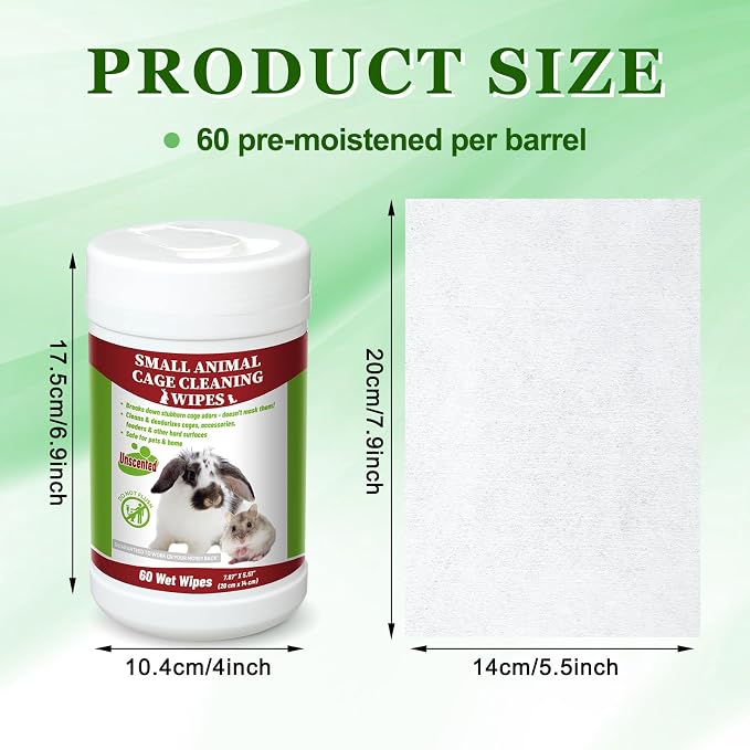 1 Pack Small Animal Cage Wipes 60 Count Small Animal Cage Clean up Wipes Removes Stubborn Caked-on Hamster Cages Cleaner for Pet Bunny Supplies Cleaning Deodorizing
