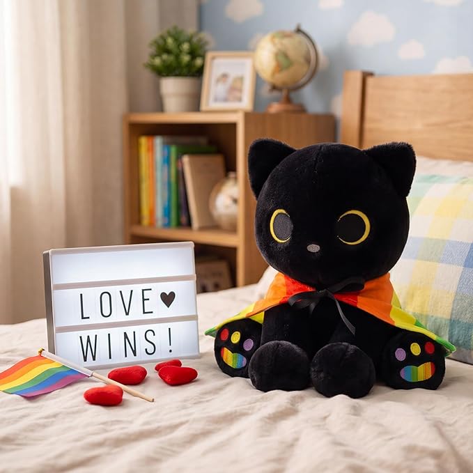 Black Cat Plush - 8" Cute Cat Stuffed Animal with Removable Rainbow Cape & Colorful Paws, Huggable Kawaii LGBTQ+ Gift for Friends, Lovers & Allies, Pride Month Decor