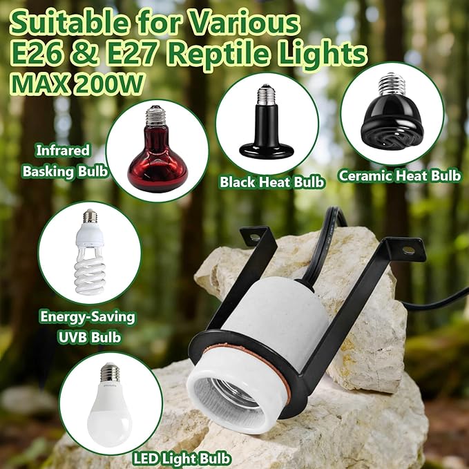 2PCS Reptile Light Fixture,Bearded Dragon Heat Lamp Holder Bracket with Thermometer,Pet Heating Light Ceramic Socket,Lamp Fixture for Amphibian,Gecko,Iguana,Lizard,Snake,Turtle (Deep-U)