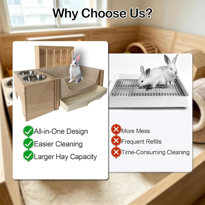 3-in-1 Large Rabbit Hay Feeder with Drawer Litter Box, Sturdy Solid Wood Bunny Feeding Station with Hay Rack for Rabbits, Guinea Pigs, Chinchillas, Ferrets and Small Animals