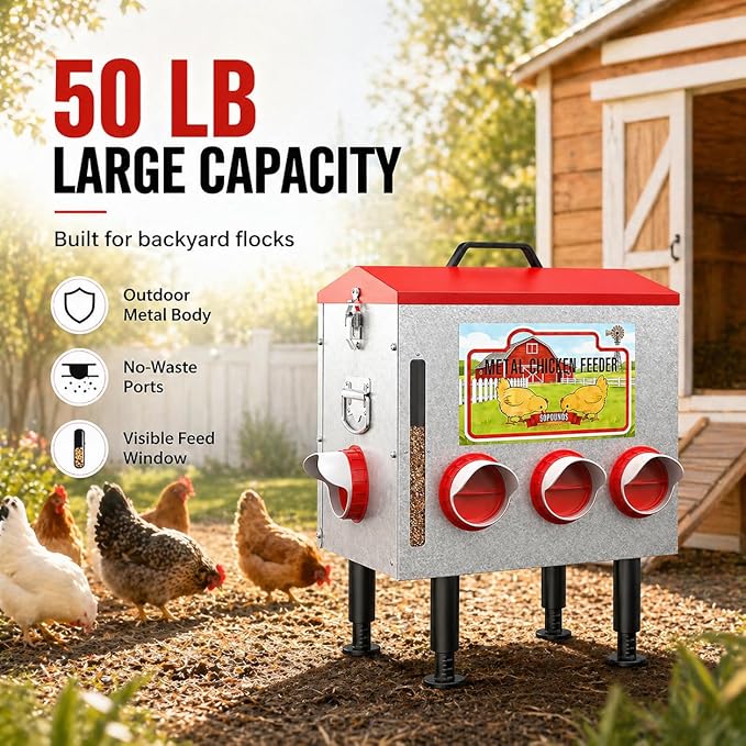50LBS Metal Chicken Feeder Dispenser with Lid, Adjustable Legs, 8 Feeding Ports, No-Waste & Rodent-Proof Design, Visual Feed Level Indicator, Durable Outdoor Poultry Feeder for Chickens, and Geese