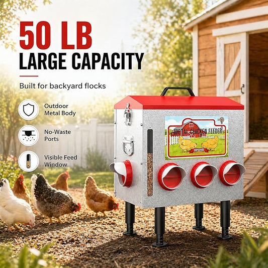 50LBS Metal Chicken Feeder Dispenser with Lid, Adjustable Legs, 8 Feeding Ports, No-Waste & Rodent-Proof Design, Visual Feed Level Indicator, Durable Outdoor Poultry Feeder for Chickens, and Geese