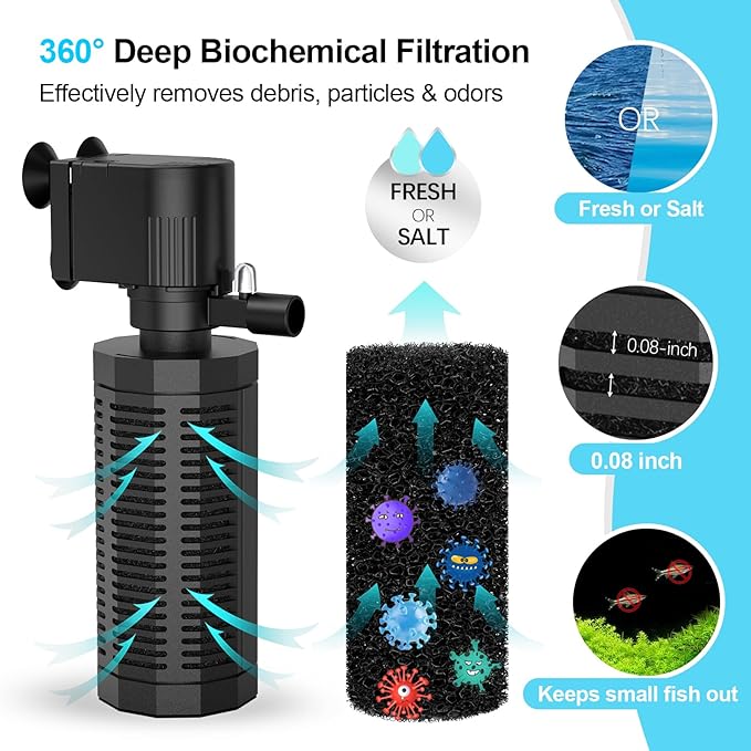 Aquarium Internal Filter for 30-100 Gallons, Ultra-Quiet Fish Tank Filters Biochemical Filtration 400GPH Powerful Pump & Filter Submersible Aquarium Filter Tank Clear Air Supply (18W)