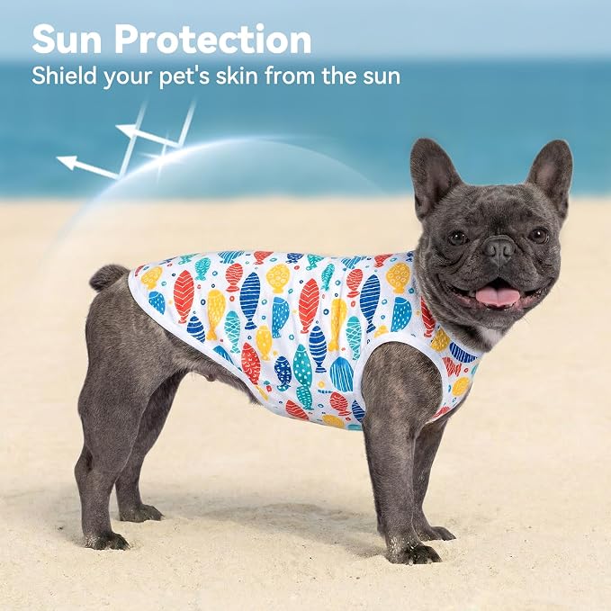 cyeollo 2pack Dog Cooling Shirt, Breathable Sleeveless Summer Clothes for Dogs, Intant Cool T Shirts for Small Dogs, Blue Fish S