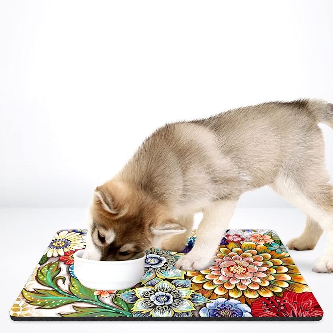 Rnivvi Dog Food Mat, 16" x 24" Flower Absorbent Dog Cat Bowl Mat for Food and Water, Cute Anti-Slip Rubber Pet Feeding Rug Protect Floors, Puppy Placemat for Feeding & Watering Supplies,Mandala Floral