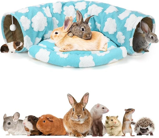 BWOGUE Bunny Tunnel Bed, 2-in-1 Collapsible Tunnel Tubes Toys with Removable Mat Hideout for Cats Kittens Rabbits Guinea Pigs Kitty (Clouds Blue)