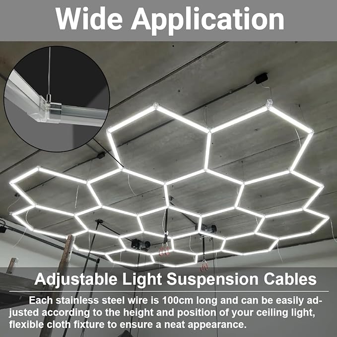 12 Pack 3ft Hexagon Garage Lights Suspension Cables Kit for Hexagon LED Lights Adjustable Steel Hanging Chains Per Strip Load 6.6Ib, Light Suspension Kit for LED Panel Aquarium Lights (1m 12pcs)