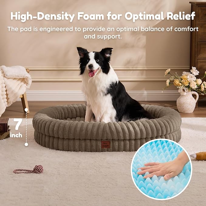 ChiXnuggle XL Dog Bed - Luxury Striped Faux Fur Waterproof Dog Couch with Removable Washable Cover, Orthopedic Dog Bed with Bolster Sides for Sleeping, Taupe
