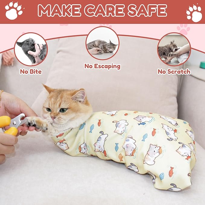 25.6" Cat Grooming Wrap,cat wrap for Cutting Nails,Self-Adhesive cat Swaddle wrap cat Restraint cat wrap Blanket for Medicine, Nail Clipping, Teeth Brushing,Pink Kitten(Within 10lbs)