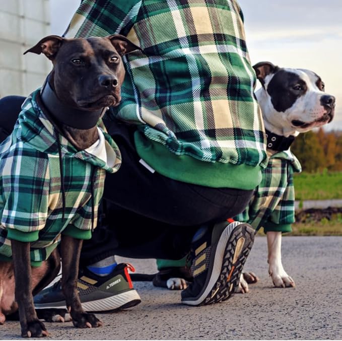 Spark Paws Dog Hoodie – Premium Dog Sweater for Small, Medium, and Large Dogs | Warm Outfits for French Bulldogs, Pitbull, Puppy, Winter Jacket Alternative - Green Plaid - M