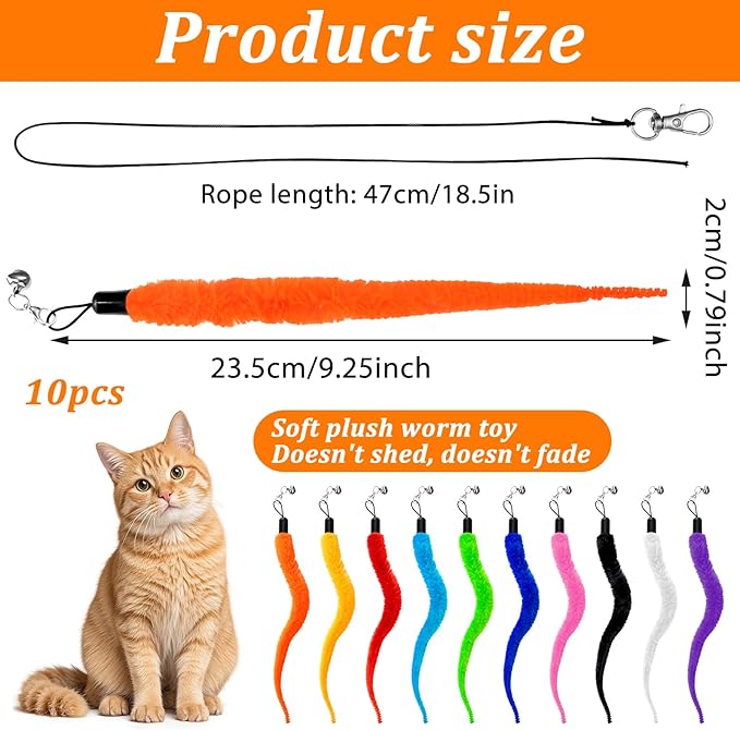 10 Pack Cat Worm Toys, Fuzzy Worm Cat Toy with Bell, Interactive Cats Wand Attachment Toys for Teaser Play and Chase Exercise with Kitten