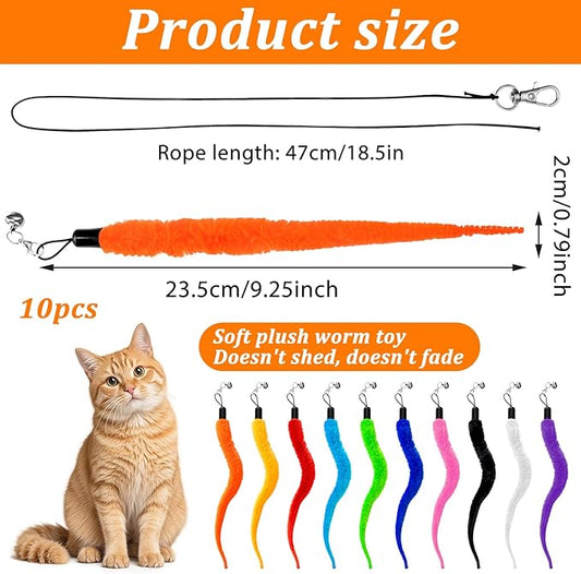 10 Pack Cat Worm Toys, Fuzzy Worm Cat Toy with Bell, Interactive Cats Wand Attachment Toys for Teaser Play and Chase Exercise with Kitten