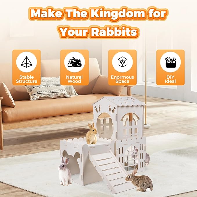 Large Rabbit House with 2PCS Rabbit Scratch Mat, Wooden Bunny Castle with 3 Houses Indoor, Guinea Pig Cage Multistory Climbing Tower Sturdy Wooden Castle, Small Animal Hideaway Tunnel