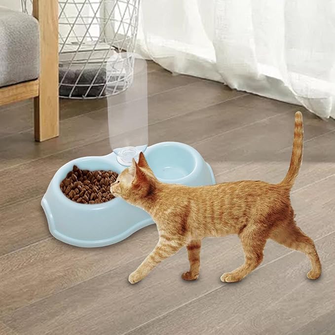 Fenteer 2 in 1 Double Cats Dogs Bowls Automatic Waterer Bottle Drinker Dish Feeder Pets Water and Food Bowl Set for Watering Rabbit Kitty Kitten, Blue
