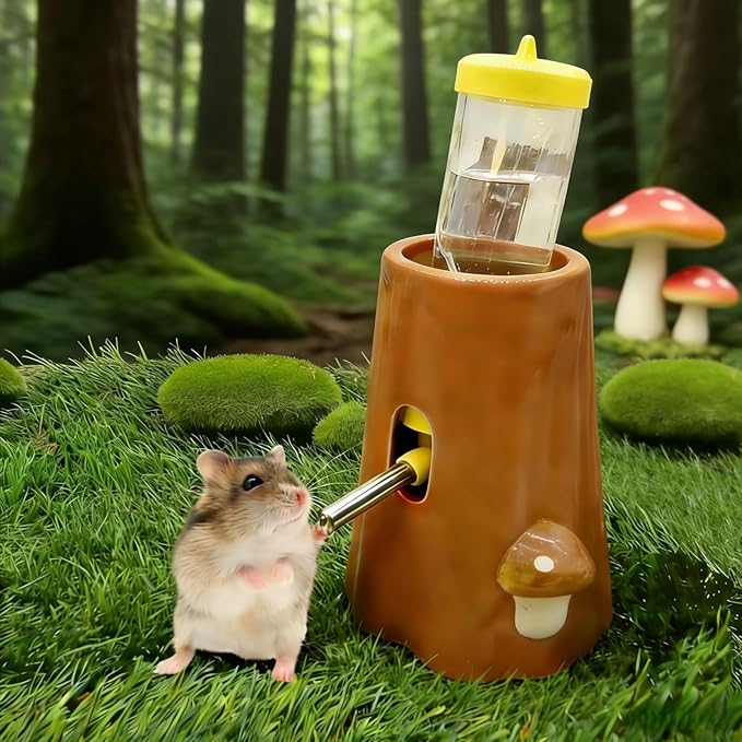 Hamster Water Bottle Ceramic Hamster Water Dispenser No Drip Feeder with Food Bowl for Mice Rats Hedgehog Chinchilla