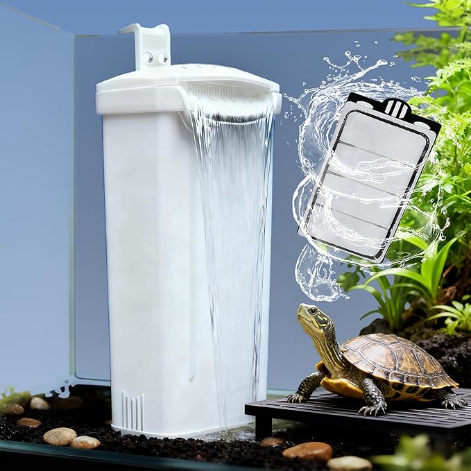 Small Aquarium Filter, Fish Tank Filter, Turtle Tank Filter,Ultra Silent 3.5W Low-Water Reptile Waterfall Filter for 1-15 Gallon (White Filter)