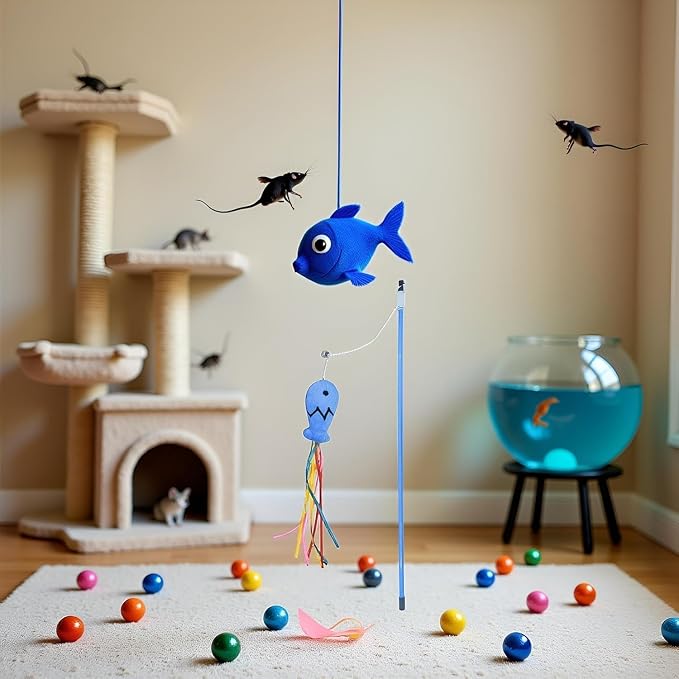2Pcs Blue Cat Wand Kitten Teaser Stick Portable Cat Teaser Fish Design Safe Colorful Balls Cats
