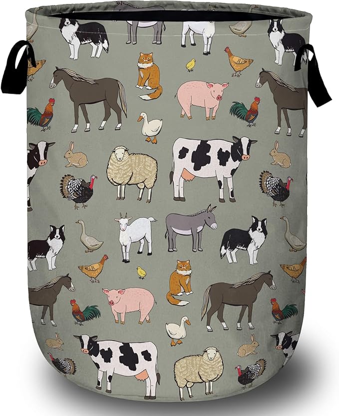 Funny Farm Animal Laundry Basket, Laundry Hamper Collapsible Oxford Cloth with Handle Clothes Storage Bin for Bathroom Laundry Room Bedroom 15.7 X 20 Inch