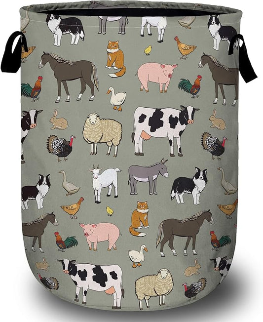 Funny Farm Animal Laundry Basket, Laundry Hamper Collapsible Oxford Cloth with Handle Clothes Storage Bin for Bathroom Laundry Room Bedroom 15.7 X 20 Inch