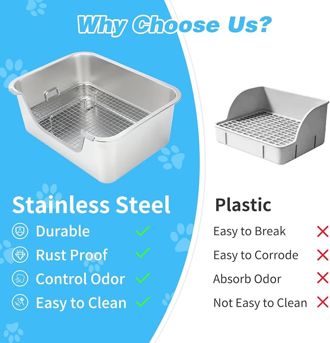 YUEPET 4-in-1 Large Rabbit Litter Box, Non-Slip Stainless Steel Litter Boxes with Sifting Grid & Hay Feeder Food Bowl, Easy Cleaning Bunny Litter Box with Odor Control for Rabbits Small Pets（S）