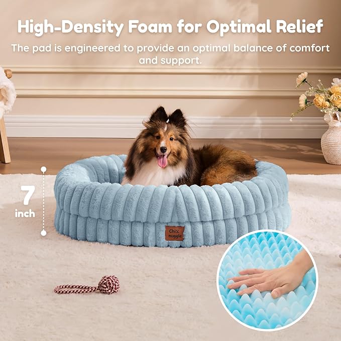 ChiXnuggle Dog Bed Medium Sized Dog - Luxury Striped Faux Fur Waterproof Pet Couch with Removable Washable Cover, Orthopedic Pet Bed with Bolster Sides for Sleeping, Light Blue