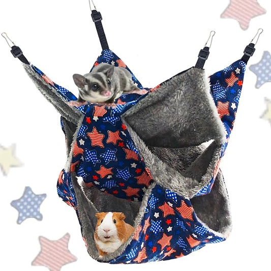 Straps are Adjustable Sugar Glider Pouch Hammock Bed Bedding, Sugar Glider Cage Accessories Toys for Rat, 3-Layer Hammock Make Pet Cages More Three-Dimensional （Blue Star）
