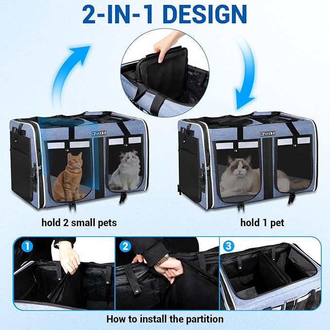 Petskd Extra Large Double Pet Carrier with Wheels for 2 Cats or a Medium Dog, 24" X 17" X 15" Soft-Sided Rolling Cat Carrier for Vet, Car Travel, and Home Use, Support up to 40 Lbs, Blue