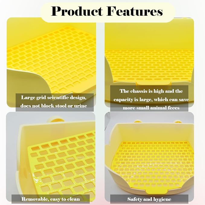 PINVNBY Rabbit Cage Litter Box,Plastic Bunny Litter Pan Detachable Rabbits Corner Potty Training Bedding Boxes with Grate for Guinea Pig Chinchilla Hedgehog Ferret(Yellow)