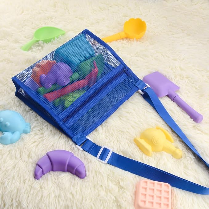 MUYIZI Beach Mesh Shovel with Mesh Shell Bags, Kids Filter Sand Scooper for Picking Up Shells,Shark Tooth Sifter Dipper for Boys and Girls,Beach Toys Accessories (Sapphire Blue)
