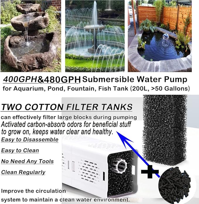 Ultra Quiet Fish Tank Filter 4-in-1 Internal Aquarium Filter ,500-1800L/H Submersible Water Filter Pump Multifunctional Filter Water Pump for Betta, Turtle, Pond fish, Garden. (6W 134GPH (500L/H))