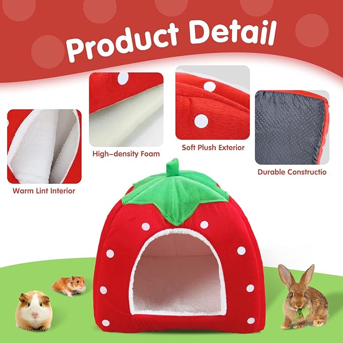 Guinea Pig Bed, Cozy Rabbit Hideout with Warm Fleece Washable Cuddle Cup Winter Sleeping House for Small Pets Strawberry Style