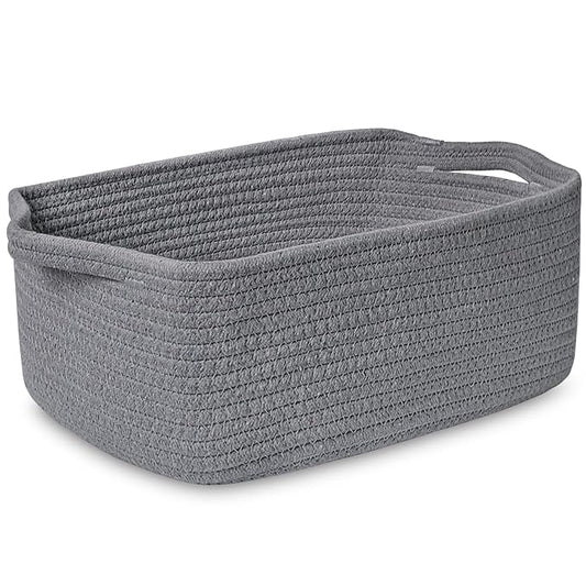 ABenkle Small Storage Basket with Handles, Cotton Rope Woven Dog Cat Toy Bin, Decorative Shelves Closet Organizing for Nursery Laundry Bedroom Bathroom, 14.2''x 11''x 5.1''