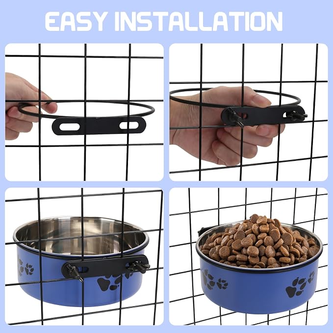 2 Pack Kennel Bowls Mountable Stainless Steel Crate Bowls for Dogs No Spill Hanging Kennel Water Feeder with Clamp Holder 2 Sizes（7.08x2.83’’,6.3x2.63’） (Blue)
