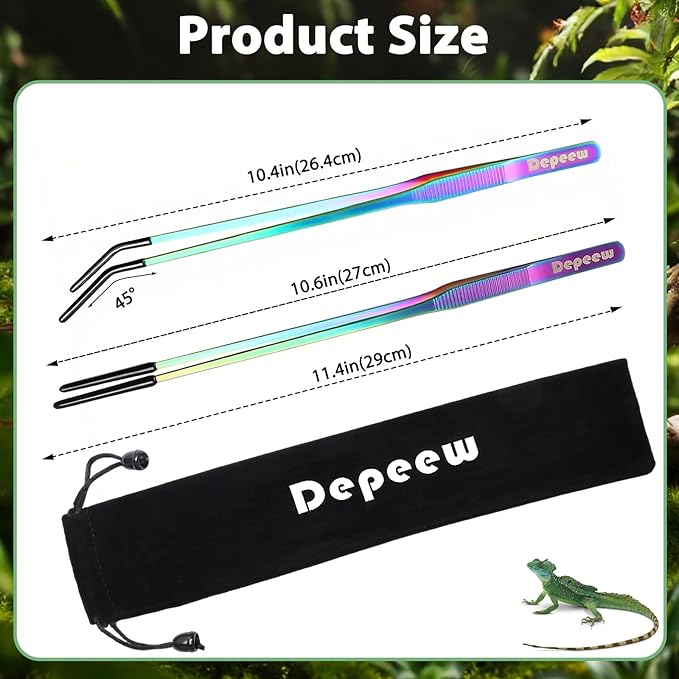 Reptile Feeding Tongs, Stainless Steel Reptile Tweezers Set, 10.6" Straight & Curved Tweezers with Soft Rubber Tip, for Aquarium Terrarium, Crafts, Reptile Tank Accessories