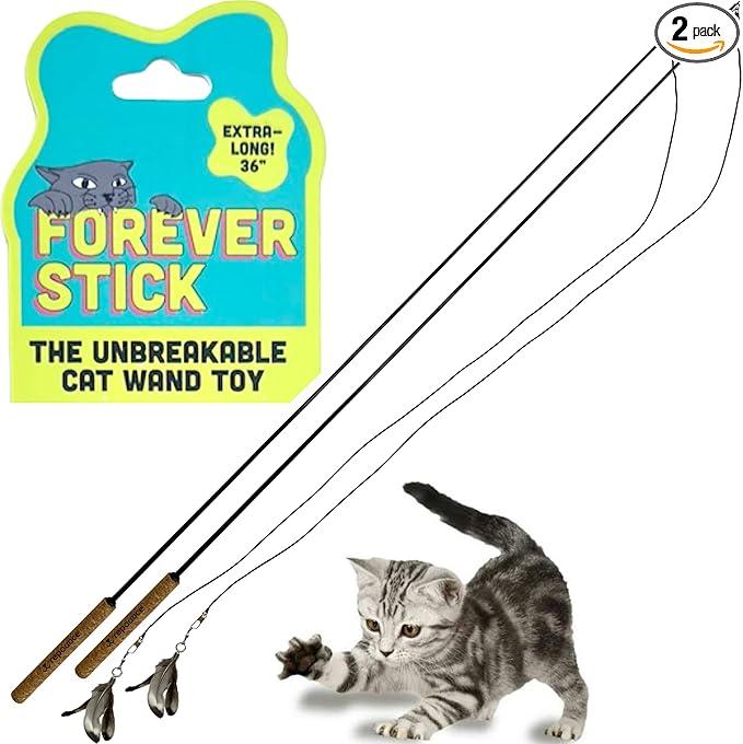 Forever Stick 2-Pack - The Unbreakable Cat Wand Toy, Durable Cat Toy Wand, Extra Long Cat String Toy, Cat Fishing Pole Toy for Bored Indoor Adult Cats, Cat Stick Toy, Cat Feather Wand, Cat Teaser Wand