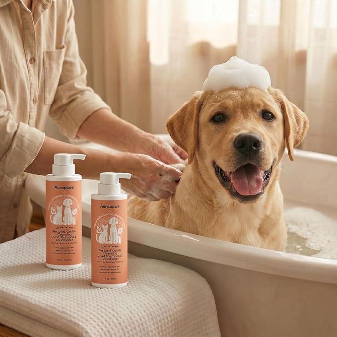 2-in-1 Dog Shampoo & Conditioner, Probiotic Pet Shampoo for Puppies & All Breeds, Hypoallergenic Formula for Sensitive Skin with Panthenol, Papaya Coconut Scent, 17oz, 2-Pack