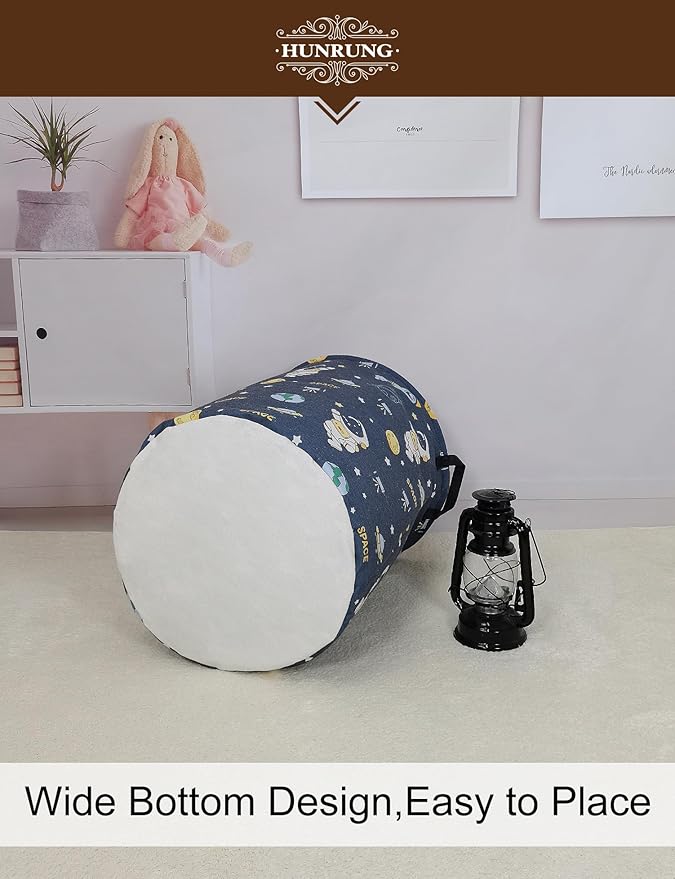 Collapsible Fabric Storage Basket, Waterproof Laundry Hamper with Handles, Round Storage Bin for Clothes Toys, Foldable Organizer for Bedroom Nursery Bathroom(Round-Blue Space Astronaut)