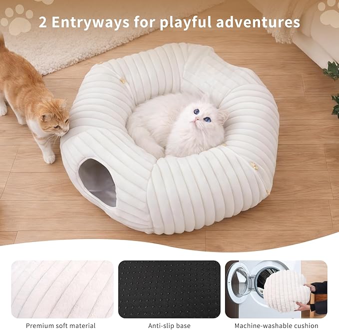 Cat Tunnel Bed, Peekaboo Hideaway Cave for Indoor Cats, Machine Washable Kitten Bed, Cat Donut, Dachshund Tunnel Bed for Small Dogs, Upgraded Striped Hare Feel Fabric (White)