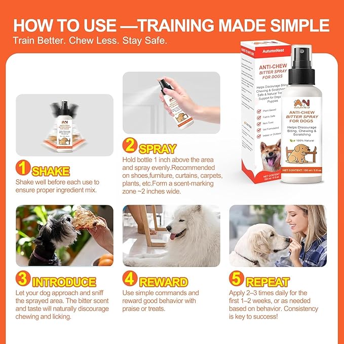 Anti-Chew & No-Go Dog Spray – 150ml Large Bottle – Helps Deter Chewing, Biting & Scratching – Safe for Furniture, Shoes & Carpets – Natural Bitter Formula for Dogs & Puppies