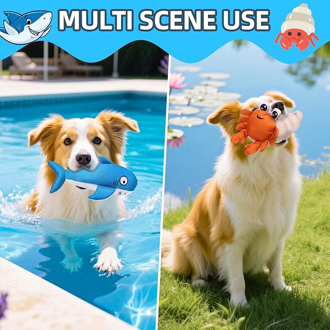PUPTECK Floating Pool Toys for Dogs - 2 Pack Squeaky Pet Water Toys for Fetch & Training, Interactive Summer Outdoor for Large Small Medium Dogs, Shark & Hermit Crab