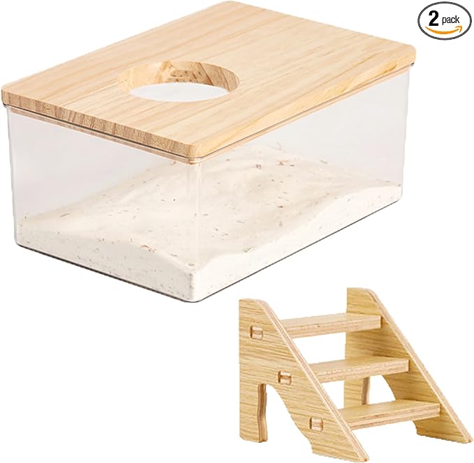 Transparent Hamster Sand Bath Box with Ladder Acrylic Dust Bath Digging Box and Hideout Clear Small Pet Bathroom for Hamsters Gerbils
