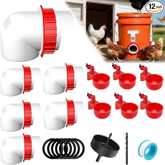 6-Port DIY Chicken Feeder and Waterer Kit, No-Waste Automatic Gravity Poultry Feeder-Spill-Proof, Rain-Proof Design for Buckets, Barrels, Bins, Troughs