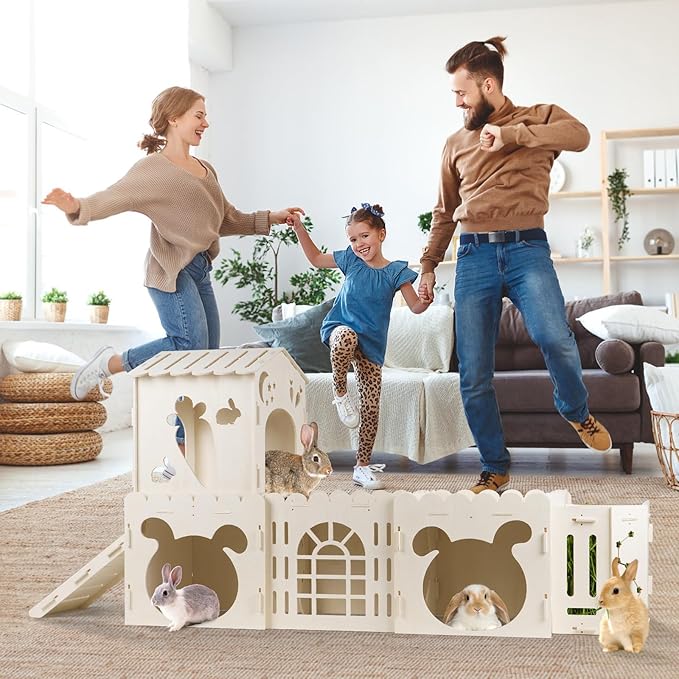 Extra Large Rabbit House, Wooden Bunny Castles with 4 Houses and Hay Feeder, Indoor Guinea Pig Castles Multistory Climbing Tower, Sturdy Wooden Bunny Cage Indoor, Small Animal Pet Rabbit Habitat