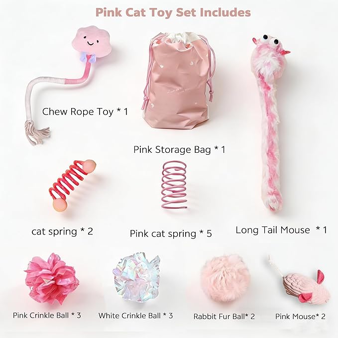 20 Pcs Cat Toy Pack Interactive Kitten Toy Set,Including Cute Catnip Chew Rope Springs Mice Crinkle Ball Furry Balls Toys for Indoor Cat,Pink Kitten Toys with Gift Bag
