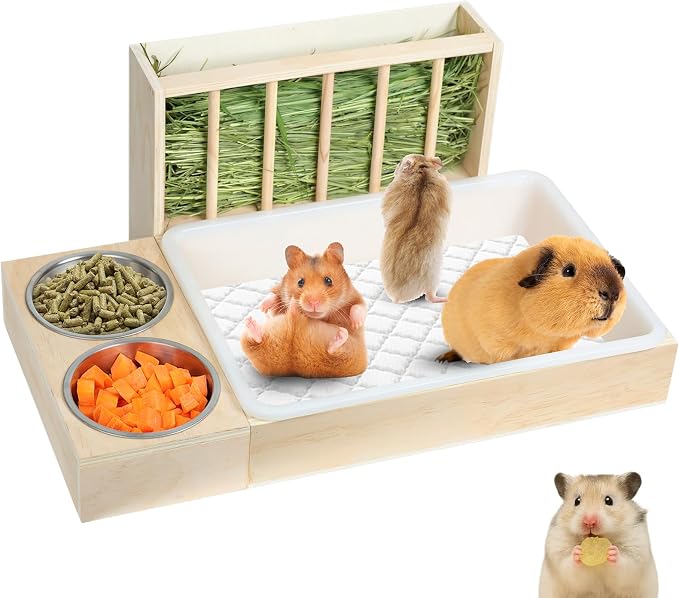 3 in 1 Bunny Litter Box with Hay Feeder, 2 Food Bowls | Potty Trainer for Rabbits, Guinea Pigs, Chinchillas, and Small Animals,Large Capacity,Preventing Waste