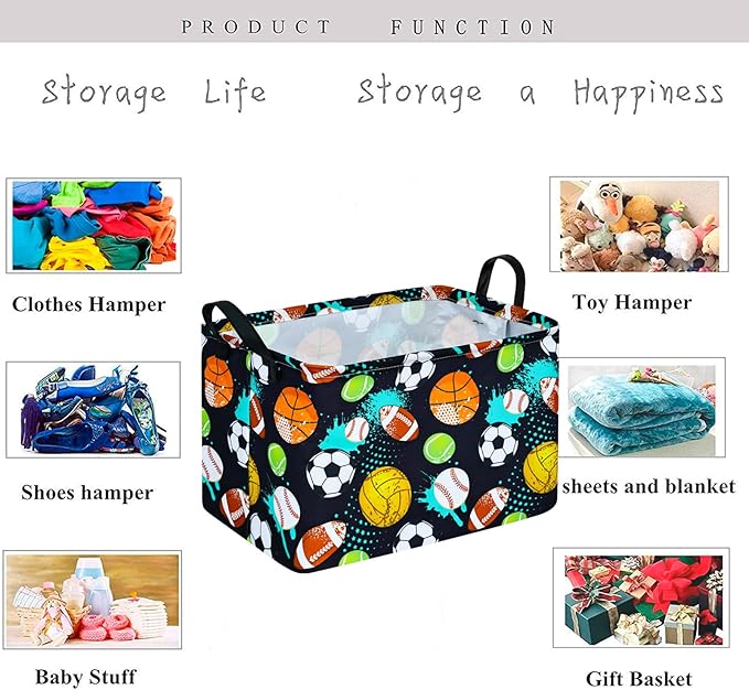 Kid Clothes Storage Basket Gift Shelf Basket Toy Storage Bin, Nursery Basket Organizer Box for With Handles for Room Deco Football Basketball Pattern