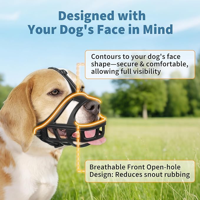 BARKLESS Dog Basket Muzzle for Medium & Large Dogs, Humane Cage Muzzle Prevent Biting Scavenging, Breathable Open Front Mouth Cover with Reflective Strap for Training, Walking Vet Visits (Black, XL)
