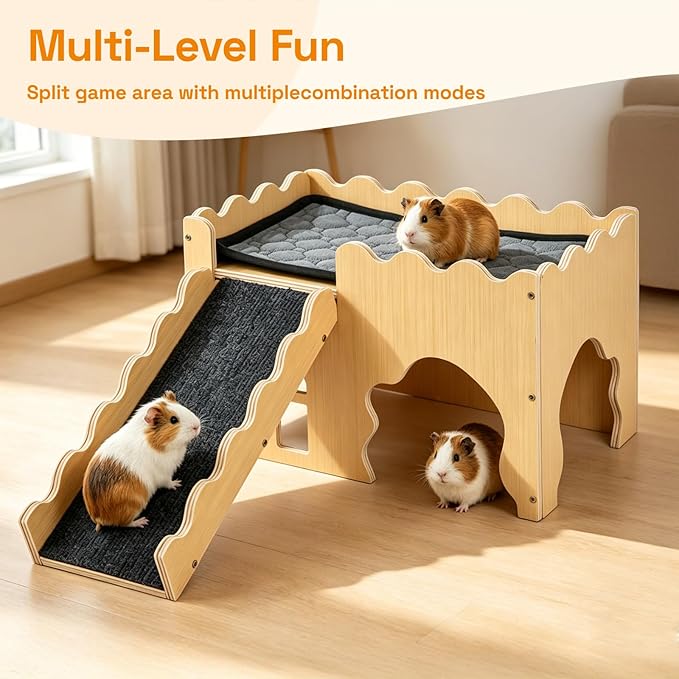 Wooden Guinea Pig Hideout Cave House, Guinea Pig Castle with Natural Cave-Style Entrance, Large Small Animal Habitat with Stairs, Waterproof Liner, Easy Assembly for Guinea Pigs, Rabbits & Hamsters