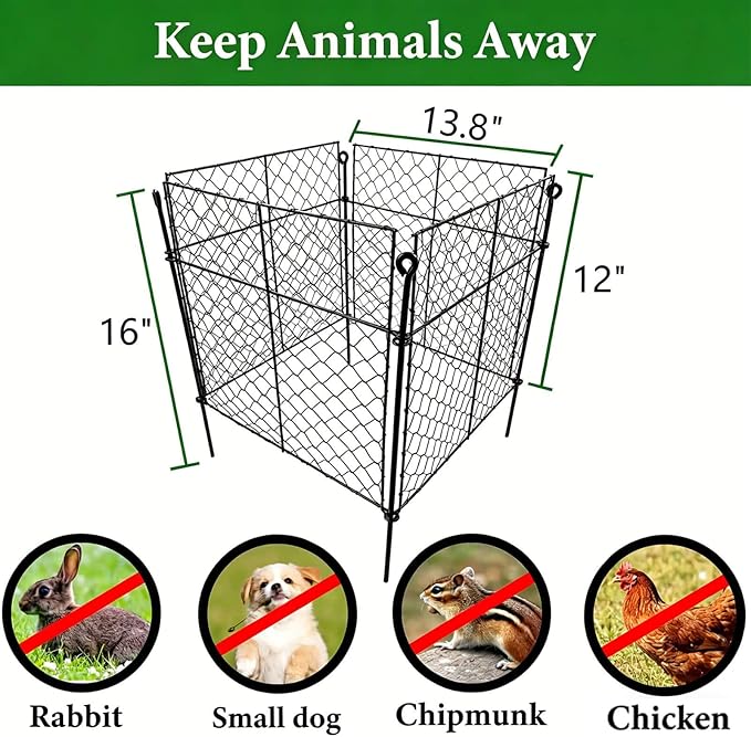3 Pack Plant Protectors from Animals, 12Pcs 1" Mesh DIY Plant Cages 13.8"x13.8"x12", Metal Garden Animal Barrier with Stakes, Keep Rabbits & Chipmunks Out for Vegetables, Shrubs & New Plants