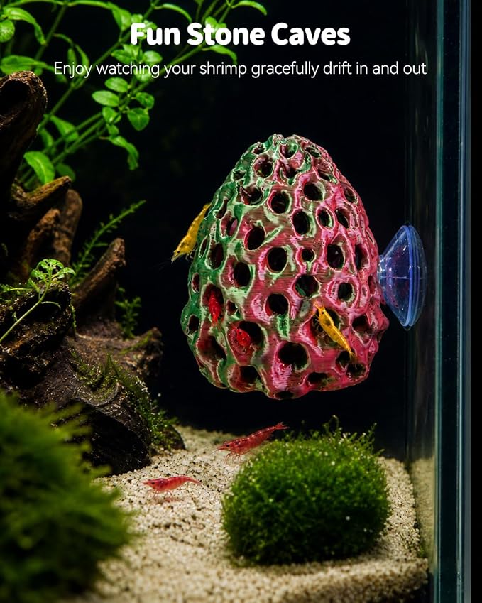 Uniclife Shrimp Cave, Shrimp Hides for Aquarium, Realistic Plastic Aquarium Coral Rock Decorations with Suction Cup, Betta Hideout Tank Accessories for Fish Tank Decor, Red-to-Green Gradient